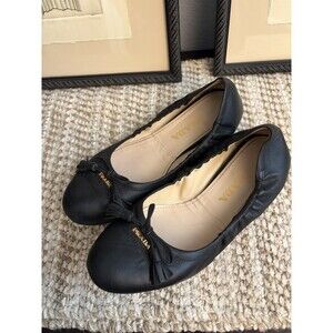 Prada Women’s Calzature Donna Black Leather Bow Ballet Flats Size EU36.5